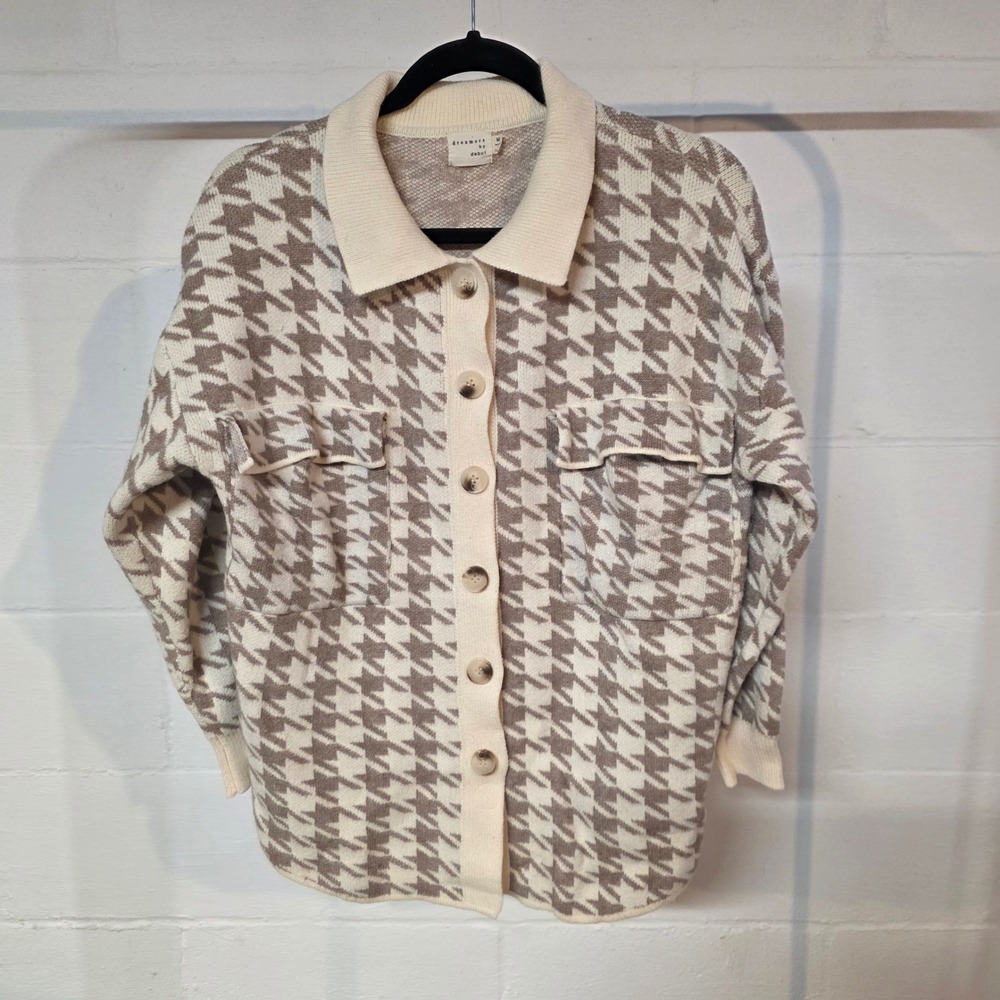 Dreamers by Debut Houndstooth Knit Cardigan Cream Brown Button Front Medium Soft